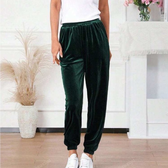 Luxe Velvet Comfy Pockets Elastic High Waist Joggers Pants Green - Picture 3 of 5